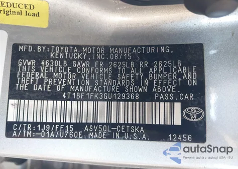 2016 Toyota Camry Se из США, поврежденный, VIN 4T1BF1FK3GU129368